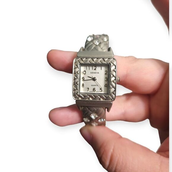 Geneva Silver-tone Basket Weeve & Crystal Open Cuff Watch - Picture 12 of 13